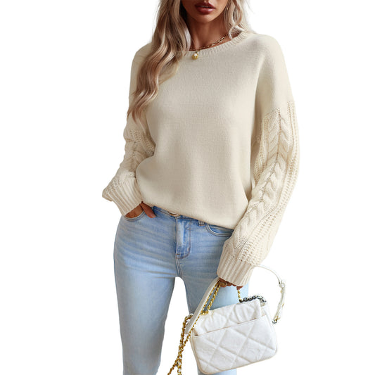 Cable Knit Sleeve Sweater - Women's Round Neck Pullover