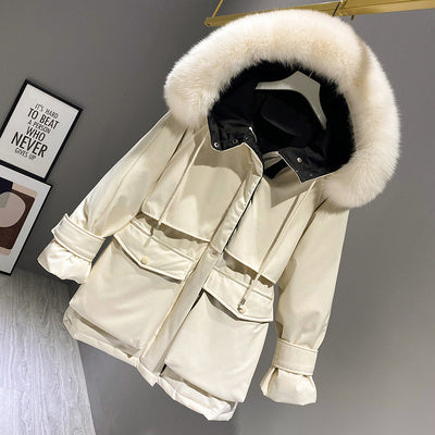 Faux Fur Hooded Down Jacket - Women's Winter Puffer Coat with Big Pockets