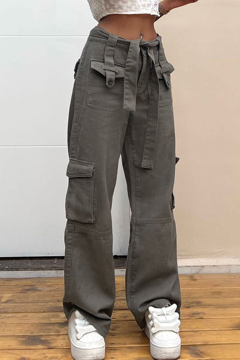 Women's Belted Cargo Jeans - Vintage Multi-Pocket Pants
