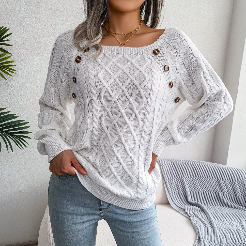 Women's Cable Knit Sweater - Square Neck Button Detail Long Sleeve Top