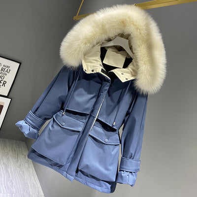 Faux Fur Hooded Down Jacket - Women's Winter Puffer Coat with Big Pockets