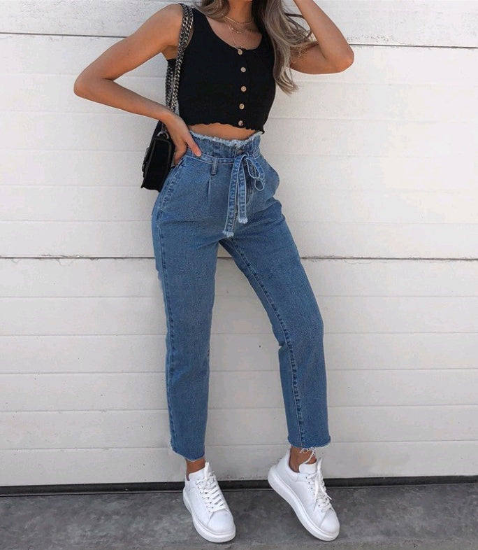 High Waisted Jeans Women - Washed Denim Pencil Pants