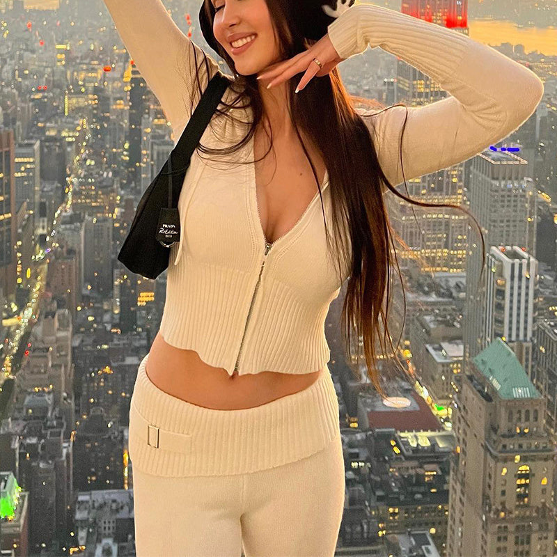 Women's Hoodie Suit - Casual Long Sleeve Sweater & High Waist Pants Set