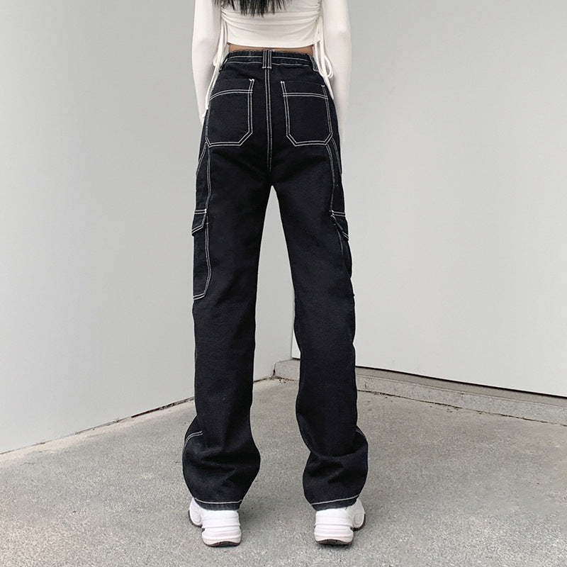 Women's Black Cargo Jeans - Topstitched High Waist Pants