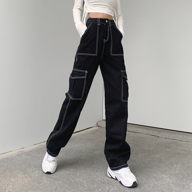 Women's Black Cargo Jeans - Topstitched High Waist Pants