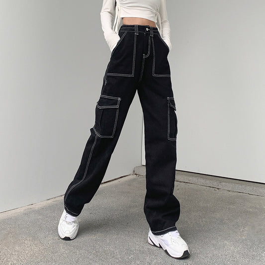 Women's Black Cargo Jeans - Topstitched High Waist Pants