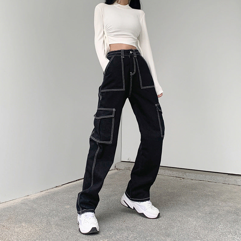 Women's Black Cargo Jeans - Topstitched High Waist Pants