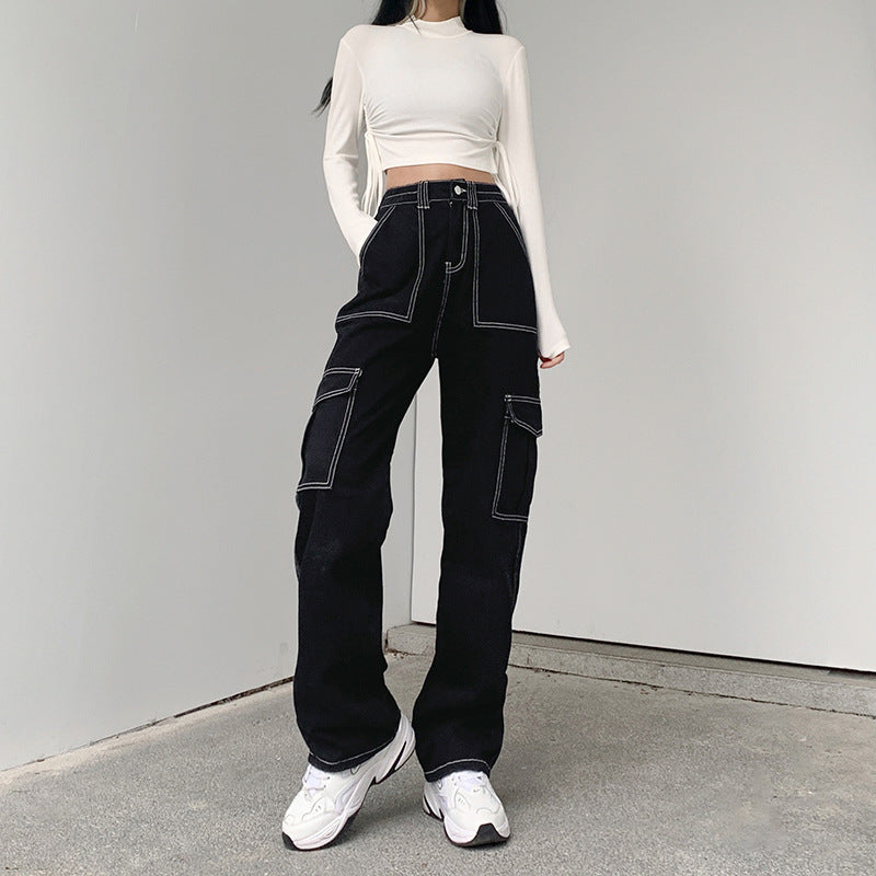 Women's Black Cargo Jeans - Topstitched High Waist Pants