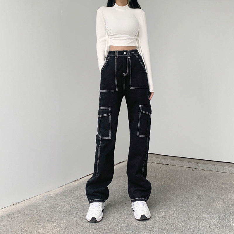 Women's Black Cargo Jeans - Topstitched High Waist Pants