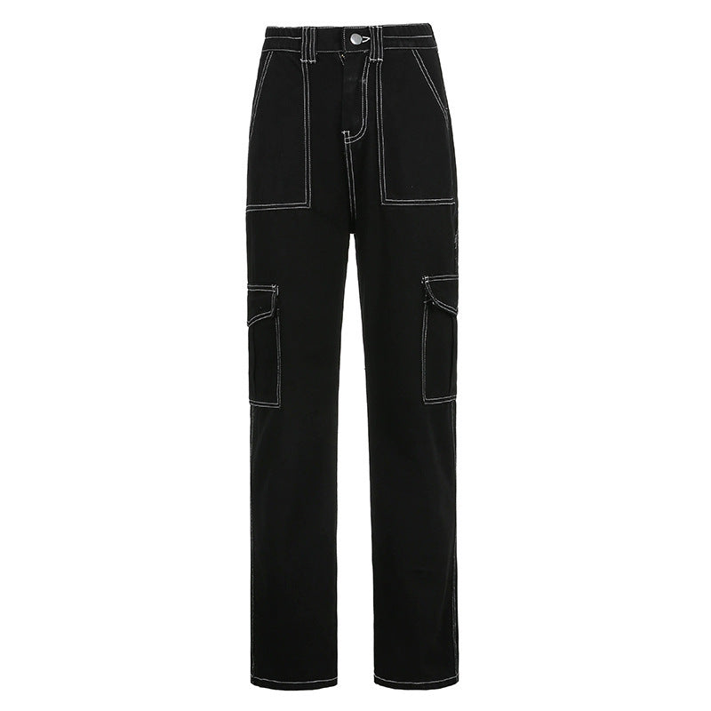 Women's Black Cargo Jeans - Topstitched High Waist Pants