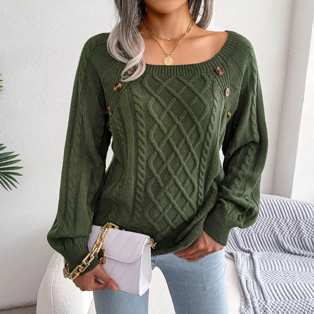 Women's Cable Knit Sweater - Square Neck Button Detail Long Sleeve Top