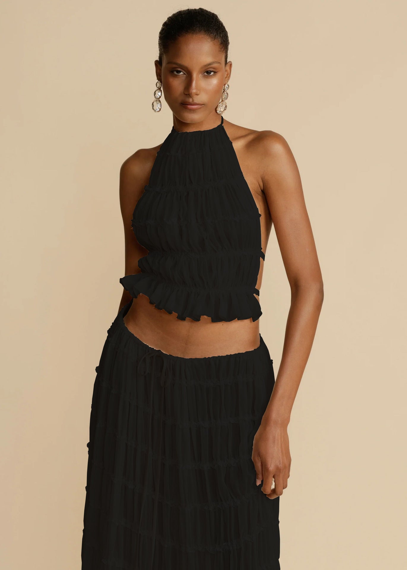 Women's 2 Piece Beach Set - Halter Crop Top & Pleated Maxi Skirt
