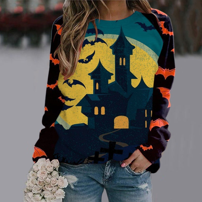 Women's Halloween Cartoon Sweatshirt - Cute Cat & Pumpkin Pullover Top