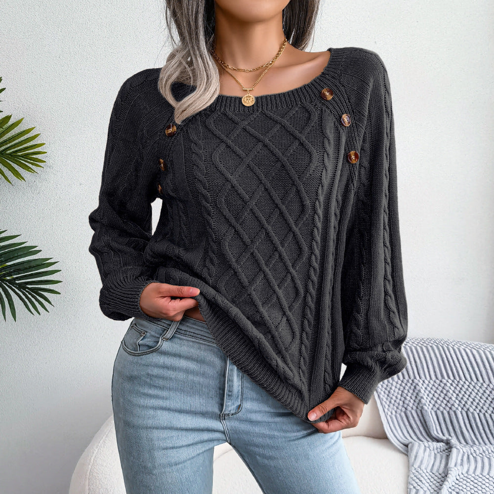 Women's Cable Knit Sweater - Square Neck Button Detail Long Sleeve Top