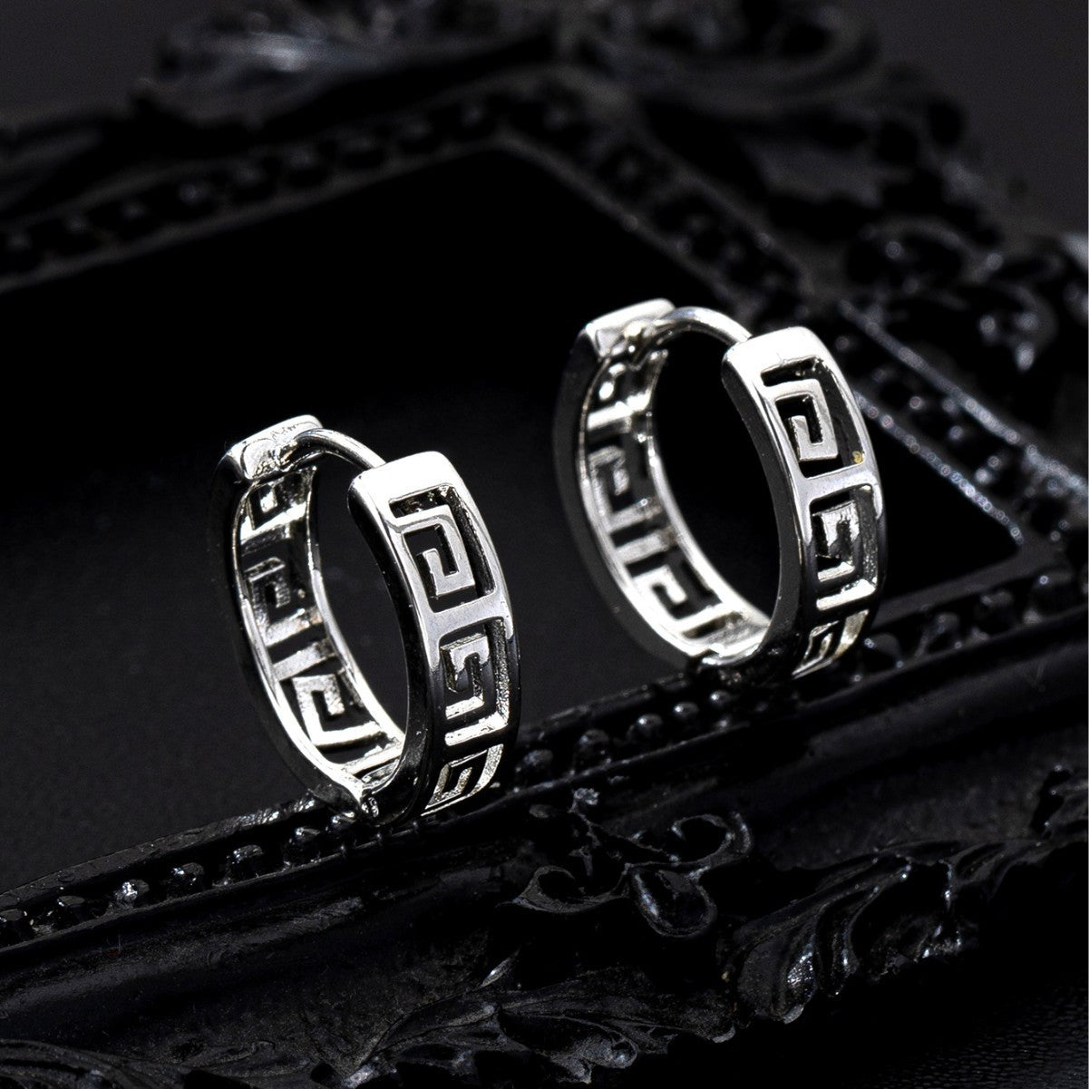 Tibetan Great Wall Pattern Hoop Earrings - Retro Ethnic Style