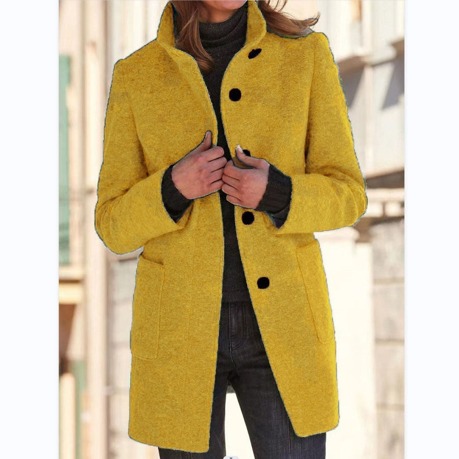Classic Wool Blend Coat for Women - Stand Collar Fall Winter Jacket