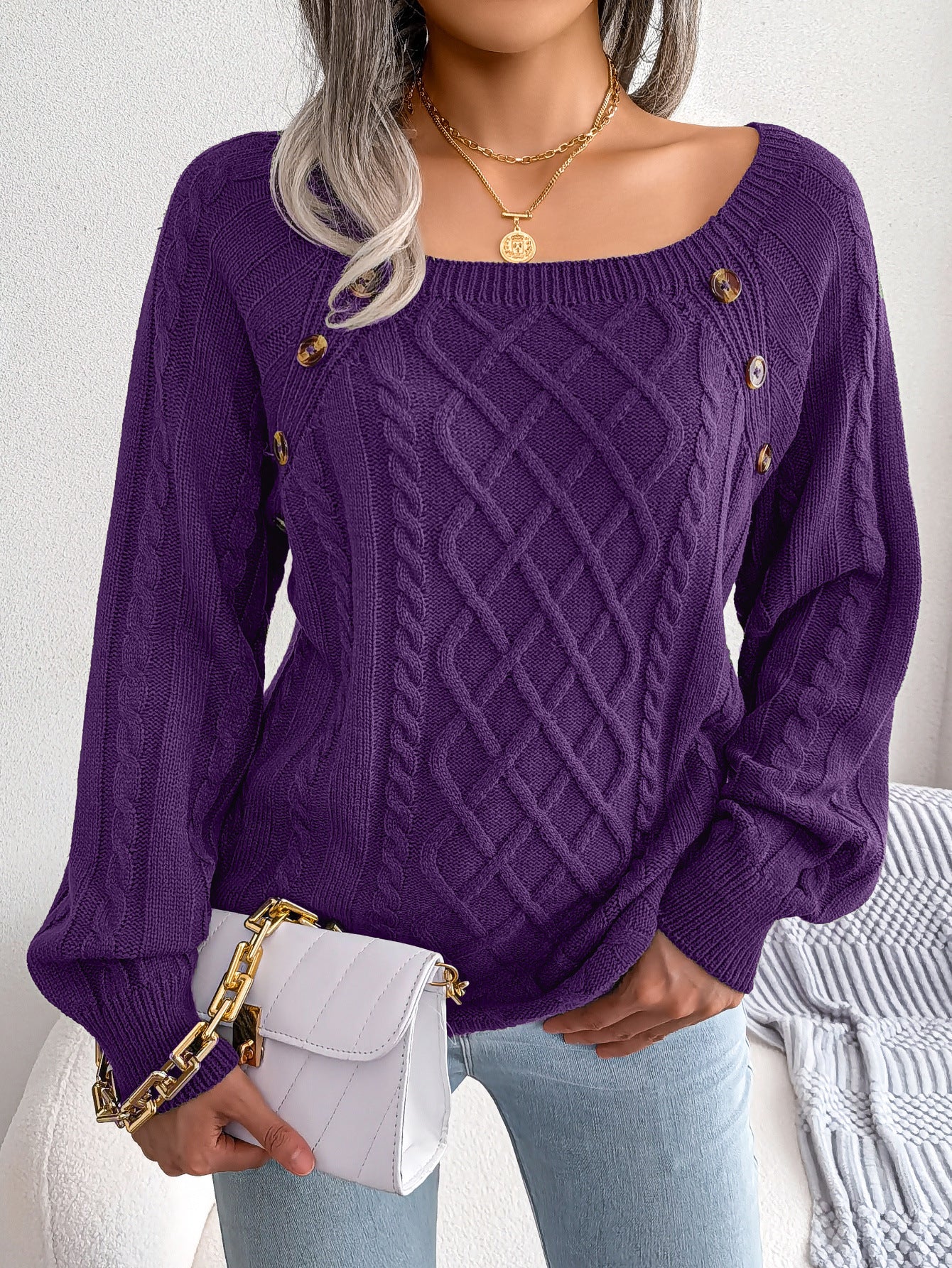 Women's Cable Knit Sweater - Square Neck Button Detail Long Sleeve Top