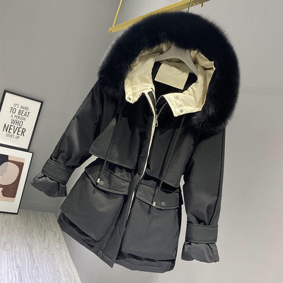 Faux Fur Hooded Down Jacket - Women's Winter Puffer Coat with Big Pockets