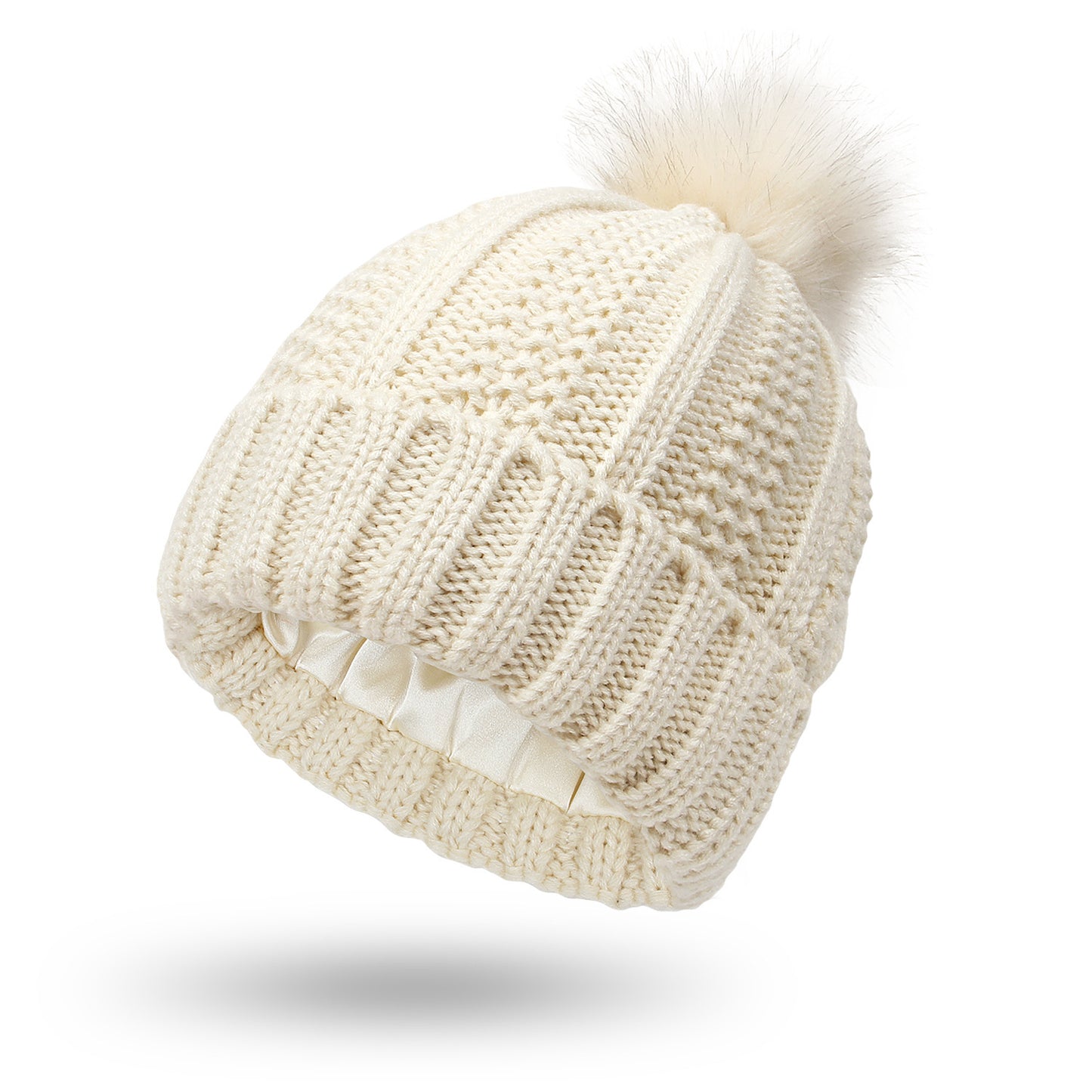 Women's Skull Knit Beanie - Satin Lined Pom Pom Winter Hat