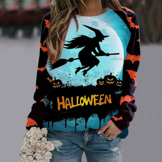 Women's Halloween Cartoon Sweatshirt - Cute Cat & Pumpkin Pullover Top