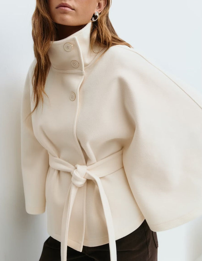 High Neck Batwing Sleeve Coat - Women's Belted Trench Coat