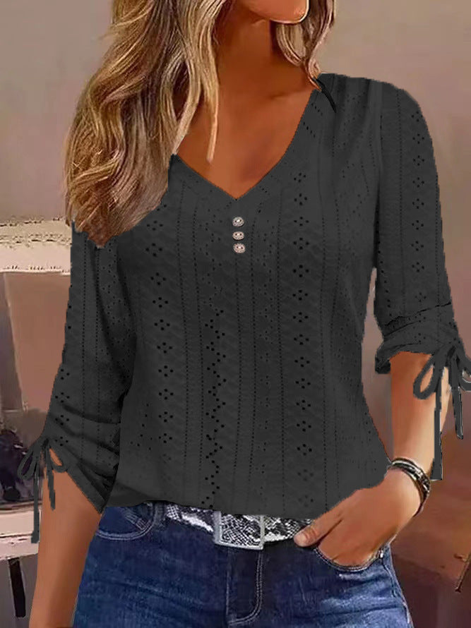 Jacquard Button-Up Blouse - Women's Long Sleeve V-Neck Top