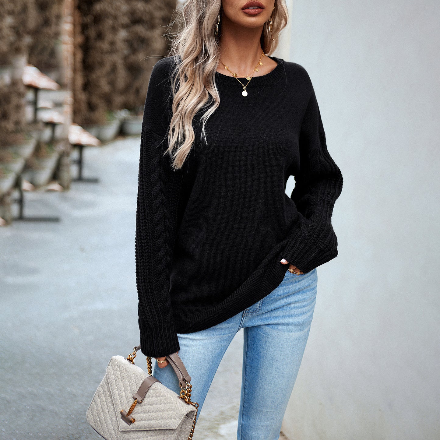 Cable Knit Sleeve Sweater - Women's Round Neck Pullover