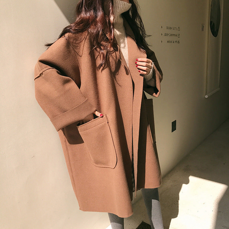 Women's Long Wool Blend Coat with Pockets - Camel