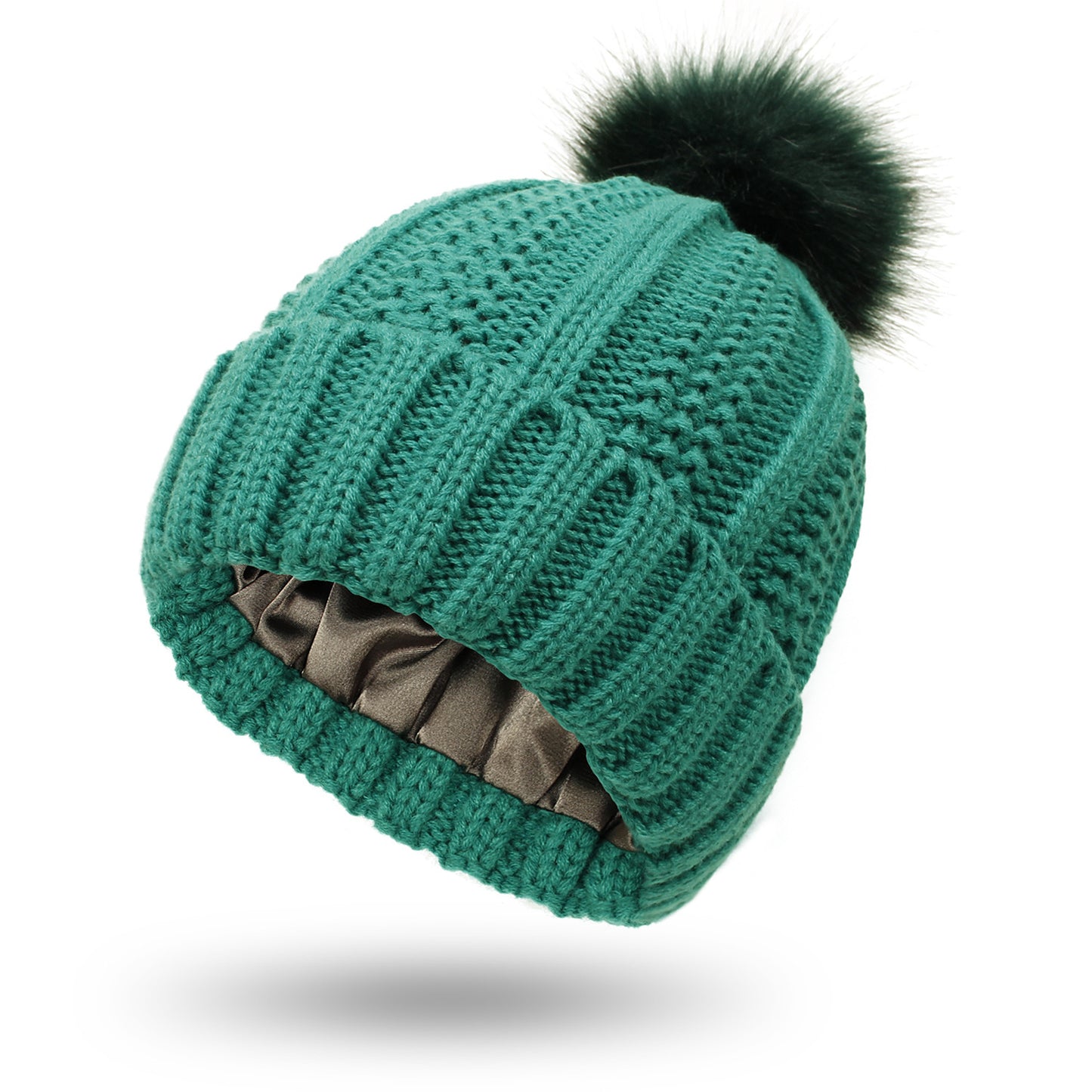 Women's Skull Knit Beanie - Satin Lined Pom Pom Winter Hat
