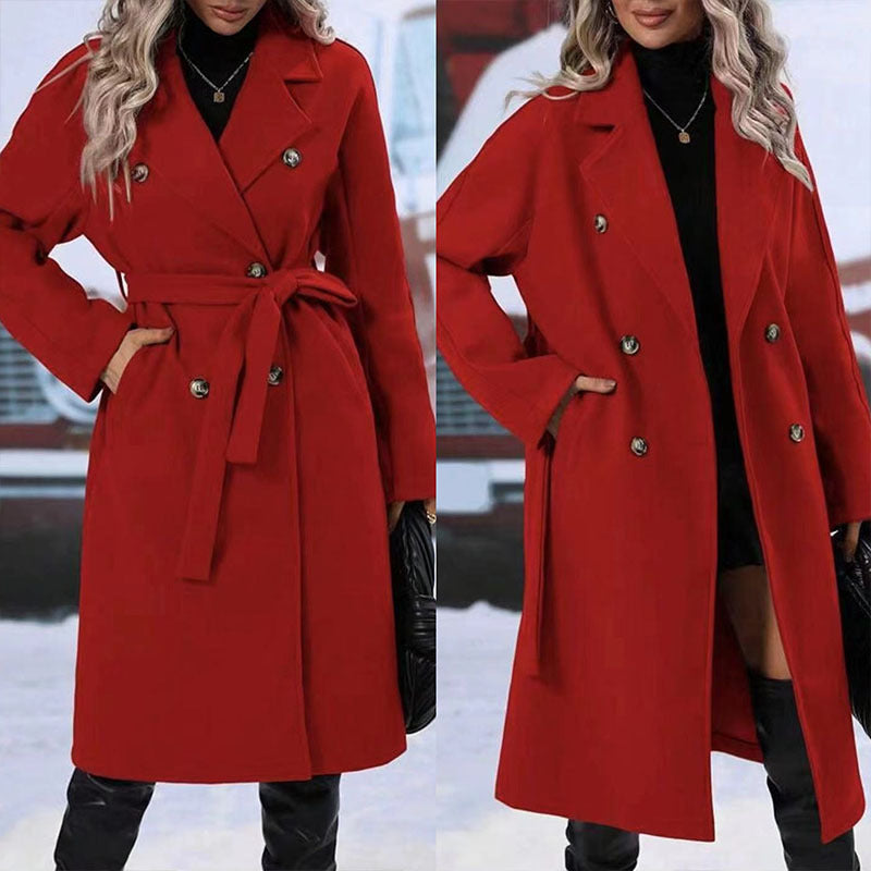 Belted Double-Breasted Trench Coat – Women’s Classic Winter Overcoat