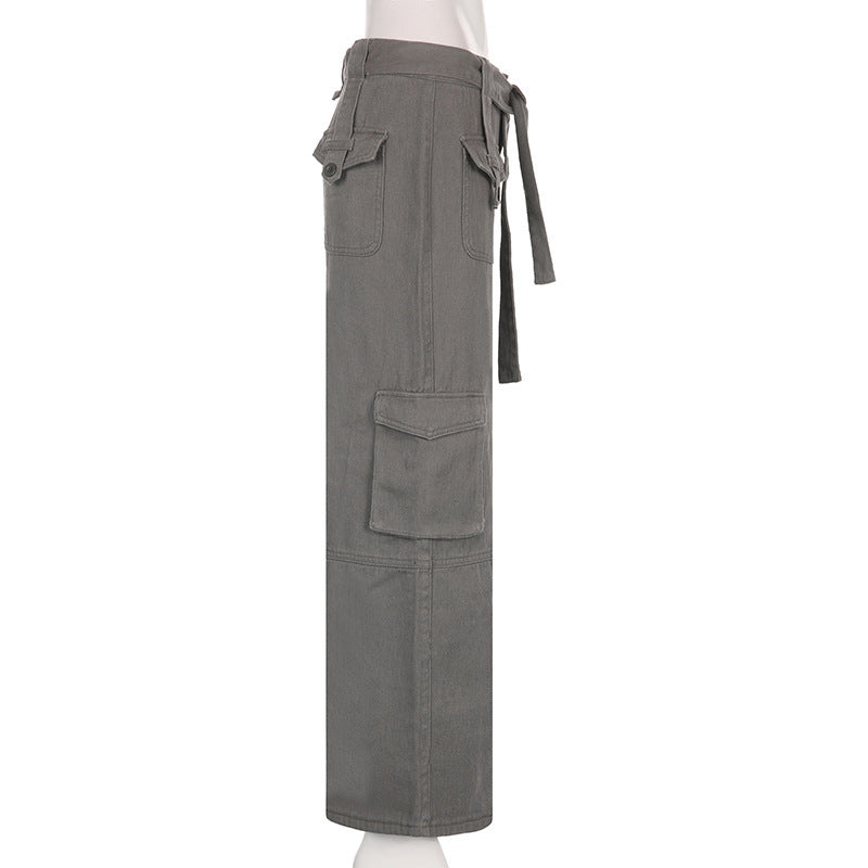 Women's Belted Cargo Jeans - Vintage Multi-Pocket Pants