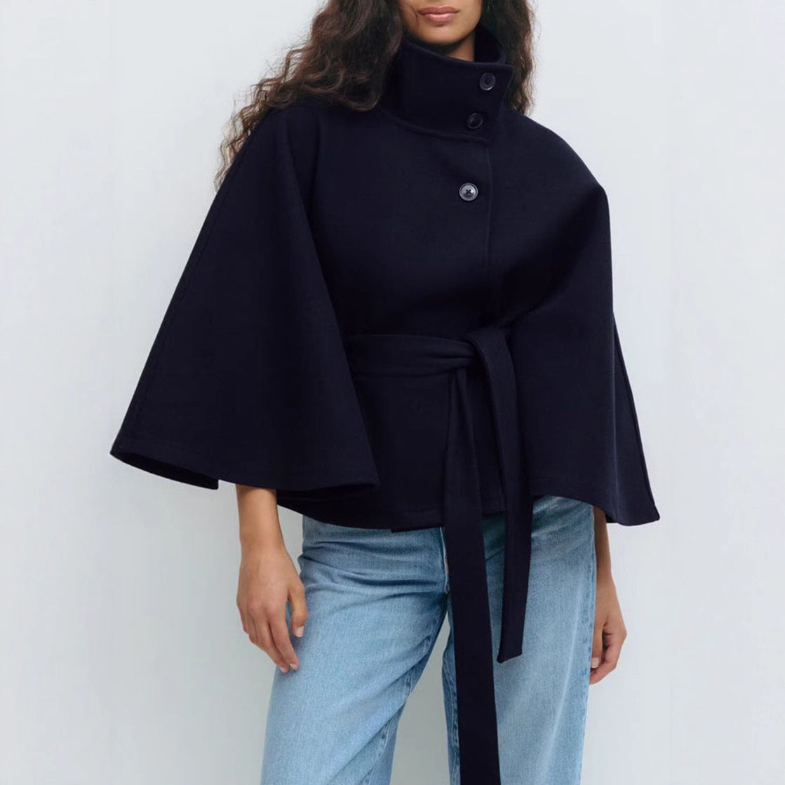High Neck Batwing Sleeve Coat - Women's Belted Trench Coat
