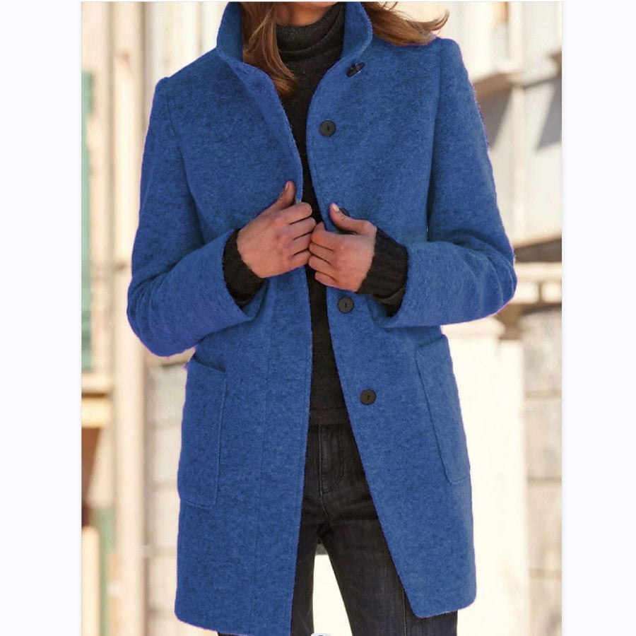Classic Wool Blend Coat for Women - Stand Collar Fall Winter Jacket