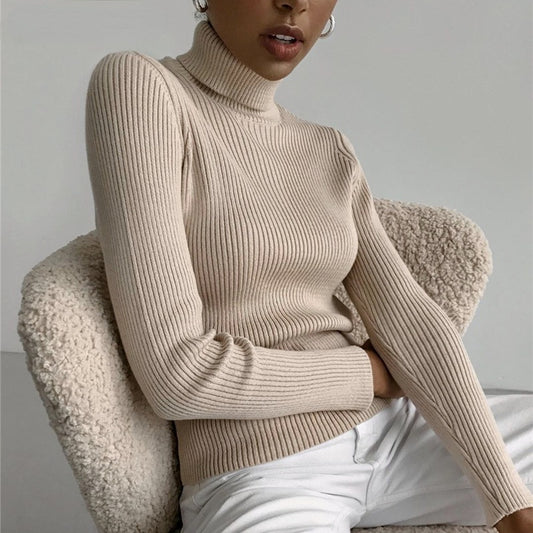Ribbed Knit Turtleneck Sweater - Women's Fitted Pullover