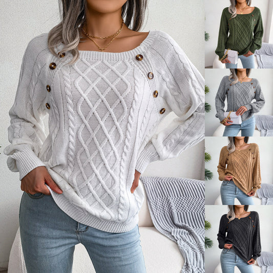 Women's Cable Knit Sweater - Square Neck Button Detail Long Sleeve Top