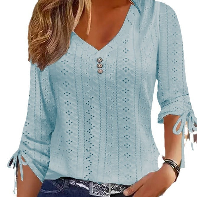 Jacquard Button-Up Blouse - Women's Long Sleeve V-Neck Top