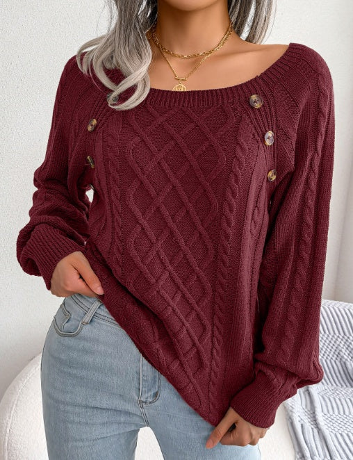 Women's Cable Knit Sweater - Square Neck Button Detail Long Sleeve Top