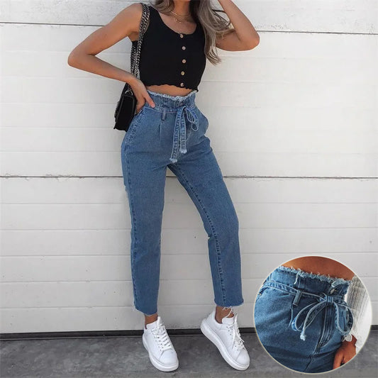 High Waisted Jeans Women - Washed Denim Pencil Pants