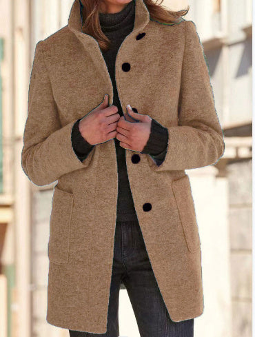 Classic Wool Blend Coat for Women - Stand Collar Fall Winter Jacket