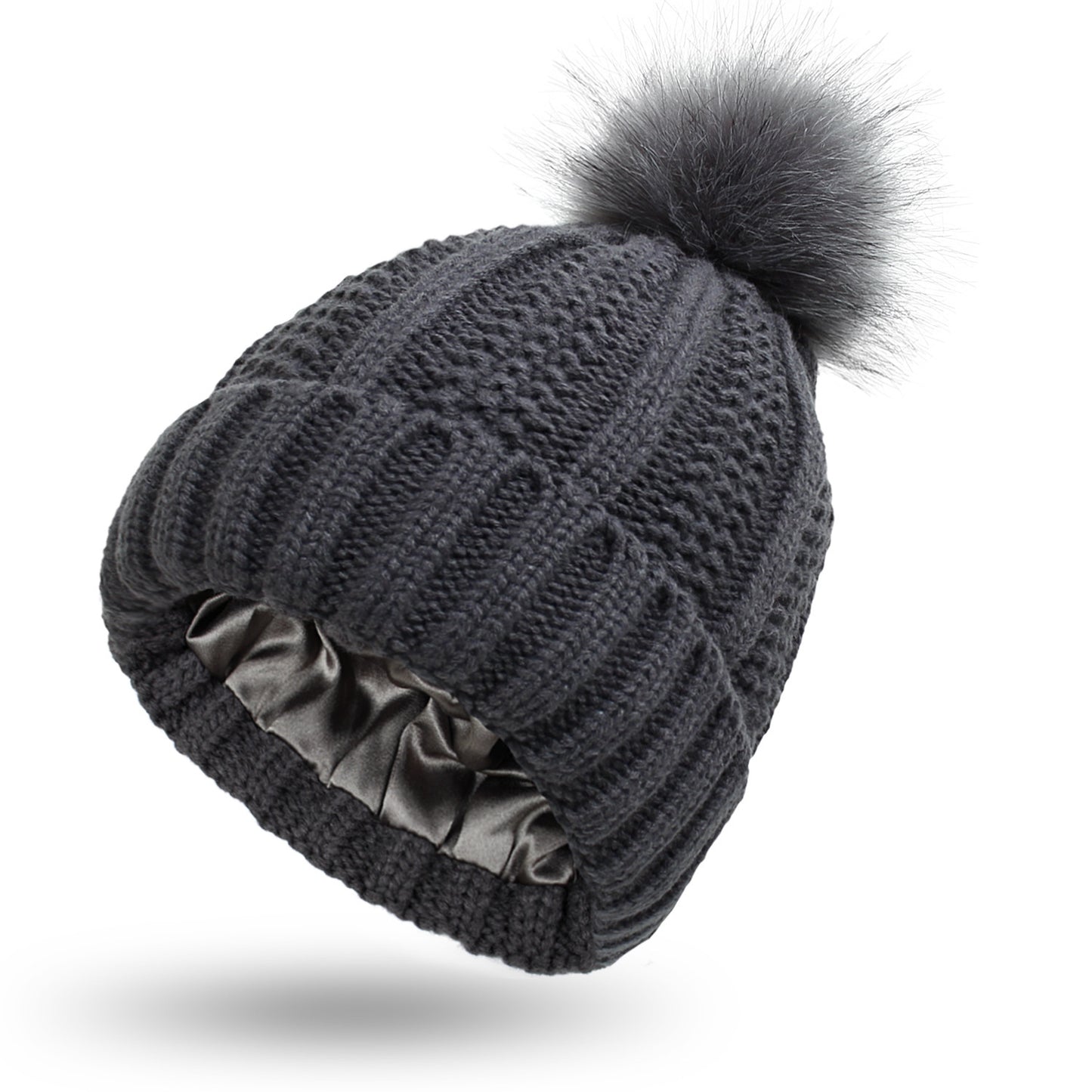 Women's Skull Knit Beanie - Satin Lined Pom Pom Winter Hat