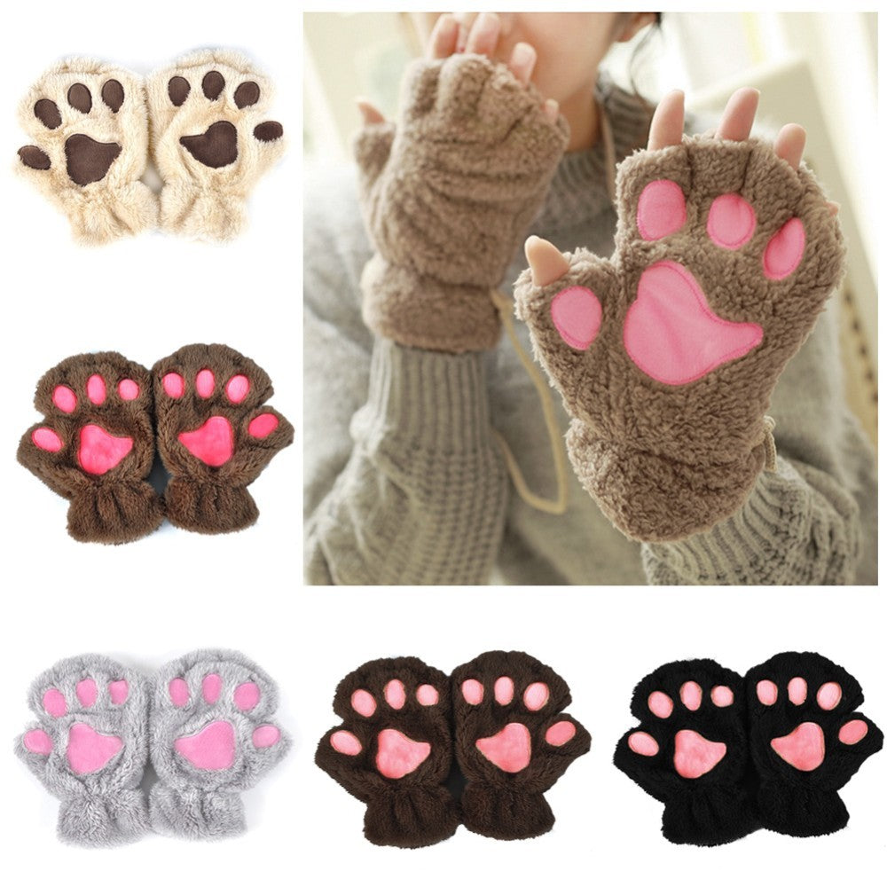 Women's Cat Paw Gloves - Cute Half Finger Winter Mittens
