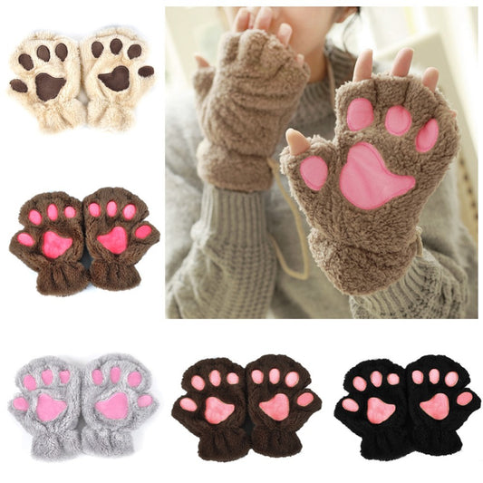 Women's Cat Paw Gloves - Cute Half Finger Winter Mittens