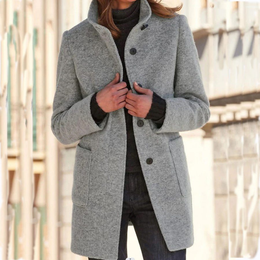 Classic Wool Blend Coat for Women - Stand Collar Fall Winter Jacket