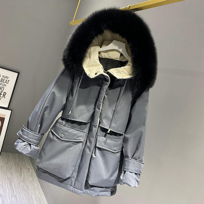 Faux Fur Hooded Down Jacket - Women's Winter Puffer Coat with Big Pockets