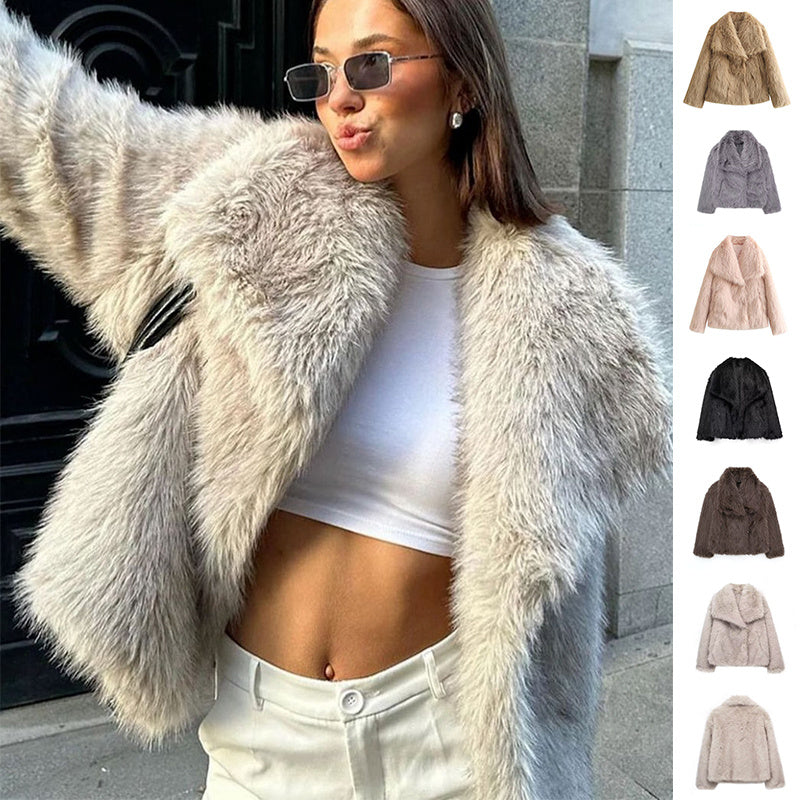Women's Fluffy Plush Coat - Winter Warm Lapel Jacket