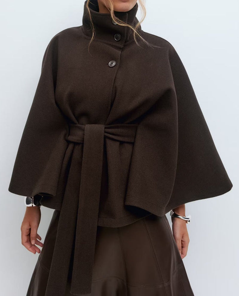 High Neck Batwing Sleeve Coat - Women's Belted Trench Coat