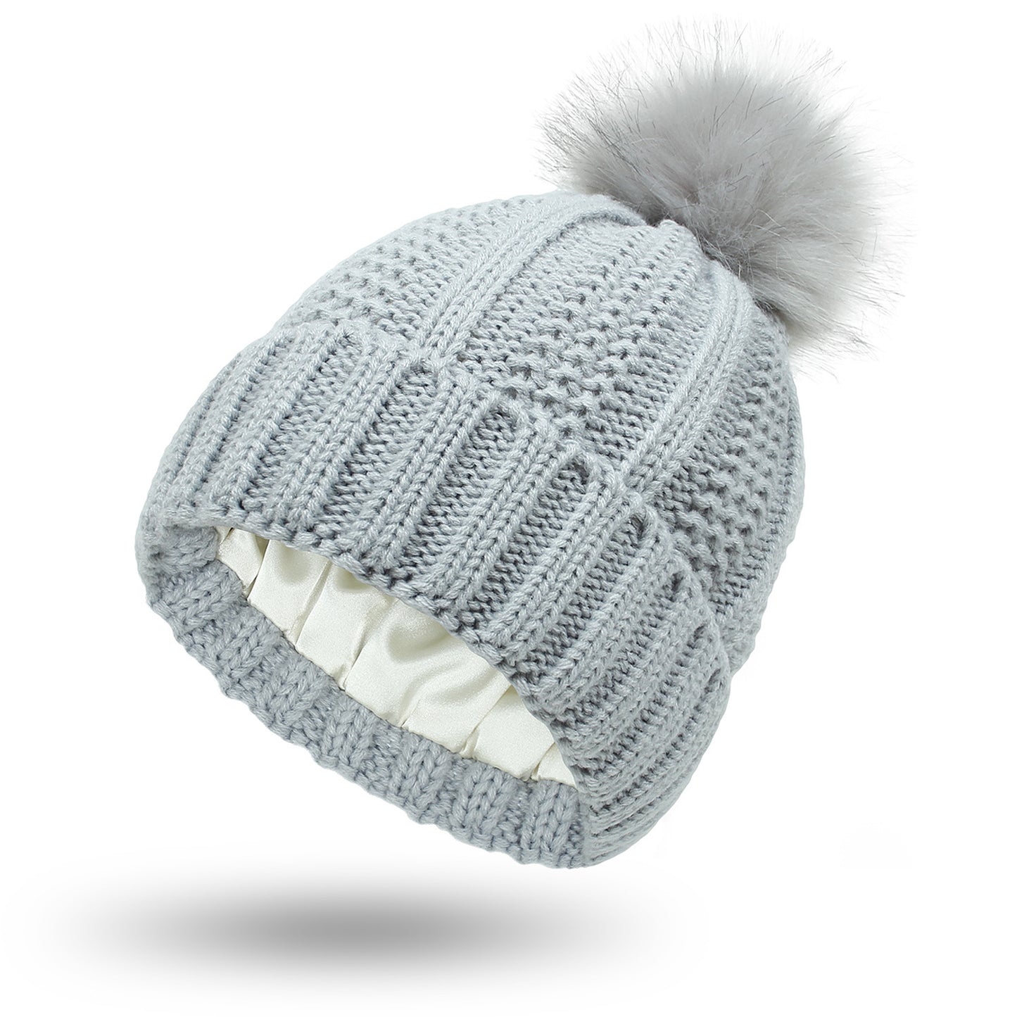 Women's Skull Knit Beanie - Satin Lined Pom Pom Winter Hat