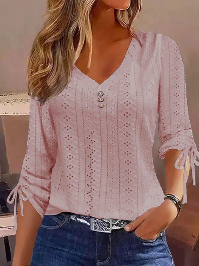 Jacquard Button-Up Blouse - Women's Long Sleeve V-Neck Top