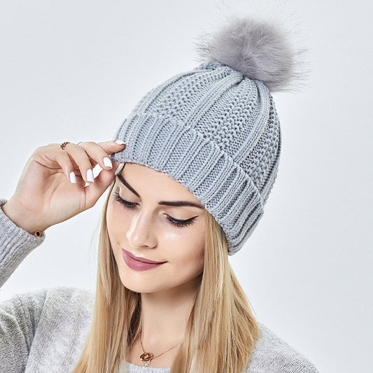 Women's Skull Knit Beanie - Satin Lined Pom Pom Winter Hat