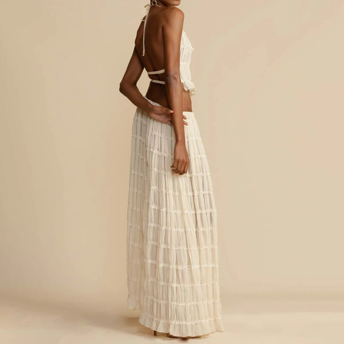 Women's 2 Piece Beach Set - Halter Crop Top & Pleated Maxi Skirt